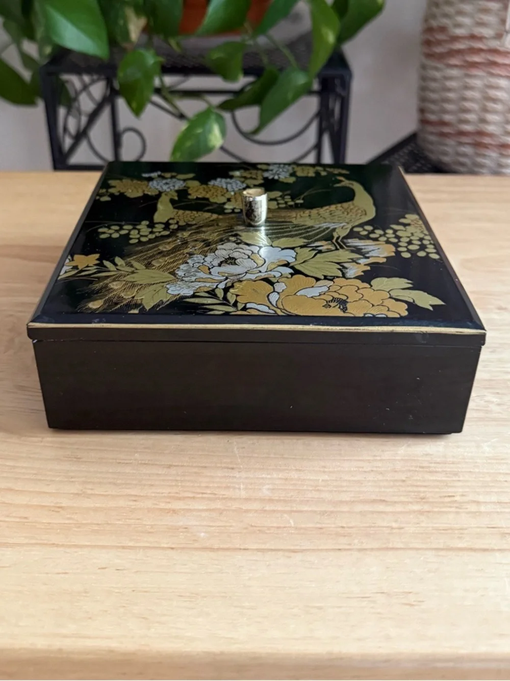 Vintage Otagiri Japan Black Lacquer Peacock Trinket Box with Etched Clear Tray